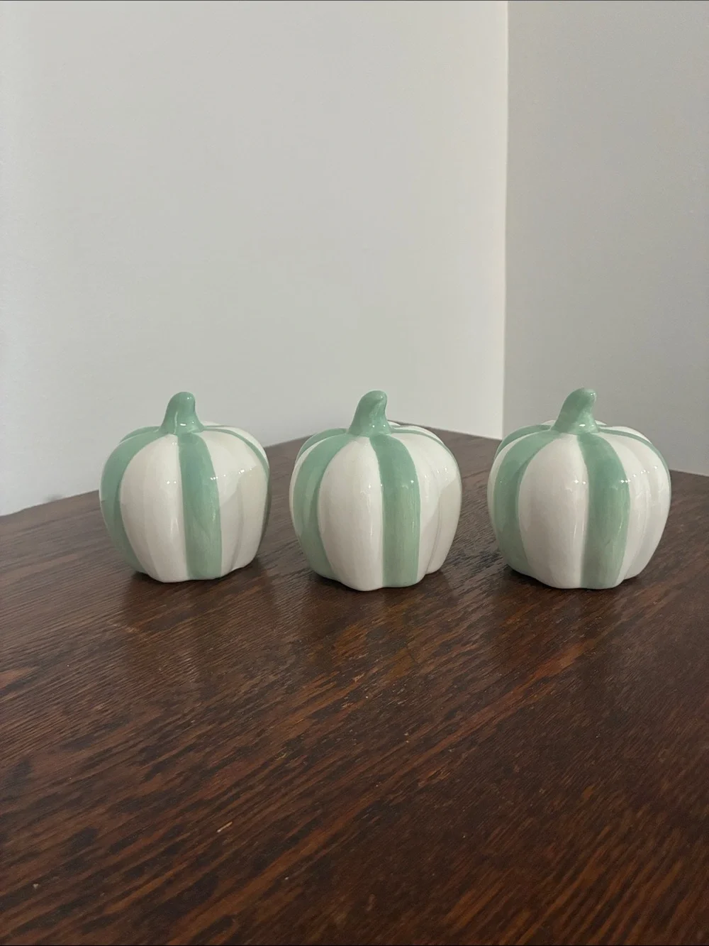 NWT- Set of 3- White & Mint Green Stripe Ceramic Pumpkins